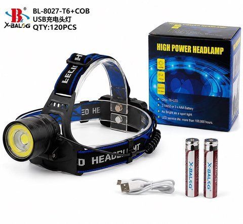 Фонарь налобный аккумуляторный X-BALOG BL-8027/TM 0199 T6+COB, 2&times;18650, USB (60) BL 8027 TM 0199 фото