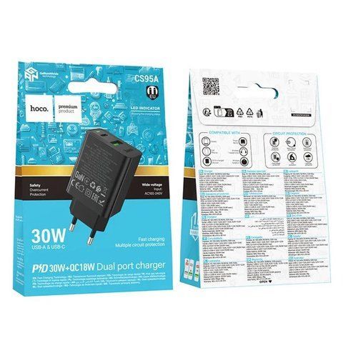 Сетевое зарядное устройство Hoco CS95A 30W, 2 порта (USB-C + USB-A), PD 30W + QC 18W, быстрая зарядка CS 95A фото