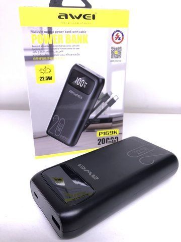 Power Bank Awei P 169K 20 000 mAh 22.5W with Type-C and Lightning Cable Black (20 шт/ящ) Awei P 169 фото