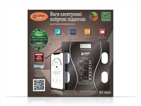Ваги електронні побутові підлогові 180кг скляні квадратні LED екран BITEK BT-1605/ 6469 (15) 6469 BT 1605 фото