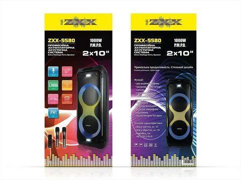 Акустична переносна колонка ZXX-5580 80Вт 2x10" USB/TF/FM/BT/TWS/2MIC/ДК/ 6298 6298 ZXX 5580 фото