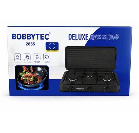 Настольная газовая плита BOBBYTEC 2855 3 конфорки для баллонного газа с крышкой (8 шт/ящ) BY 2855 фото
