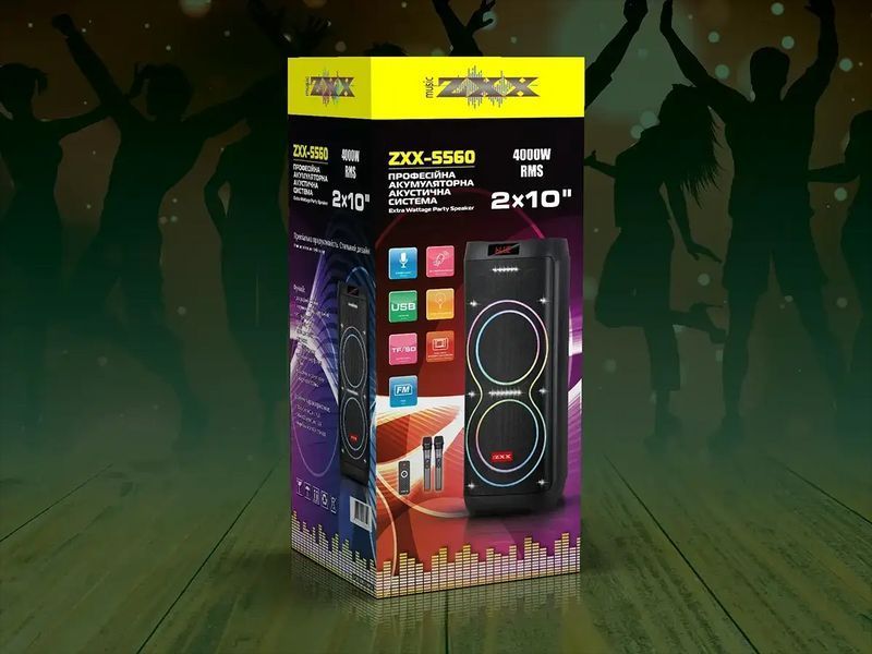 Акустична переносна колонка ZXX-5560/ 6293 100Вт 2x10" TWS/FM/USB/TF/BT/REC/LED/2MIC/ДК (1) 6293 ZXX 5560 фото