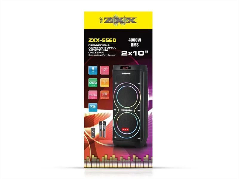 Акустична переносна колонка ZXX-5560/ 6293 100Вт 2x10" TWS/FM/USB/TF/BT/REC/LED/2MIC/ДК (1) 6293 ZXX 5560 фото