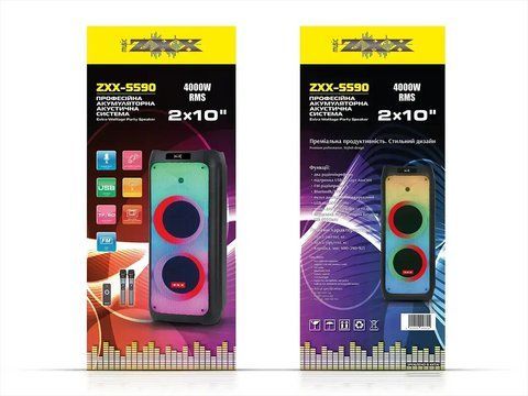 Акустична переносна колонка ZXX-5590/ 6292 100Вт 2x10" TWS/FM/USB/TF/BT/REC/LED/2MIC/ДК (1) 6292 ZXX 5590 фото