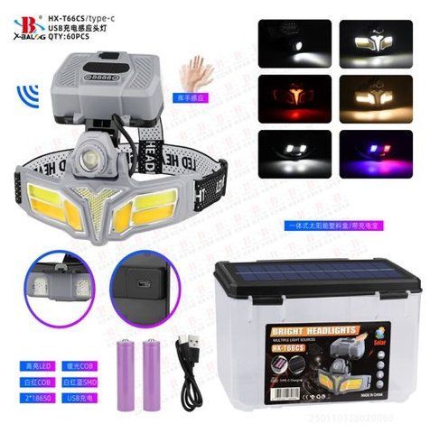 Фонарь налобный аккумуляторный X-BALOG HX-T66CS / TM 0195 с сенсором движения, COB+LED, 2&times;18650, Type-C HX T66CS TM 0195 фото