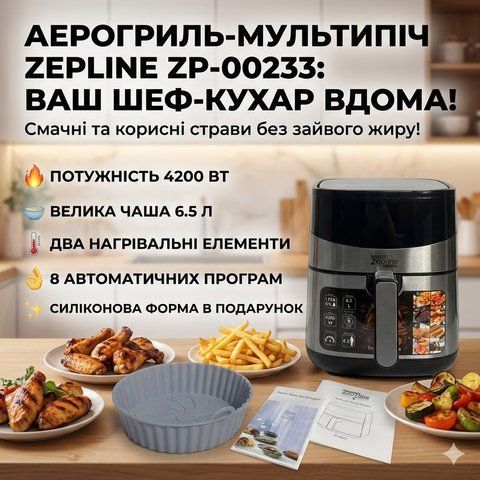 Аерофритюрниця мультипіч Zepline ZP-00233 (6.5 л, 4200 Вт) з двома ТЕНами і сенсорним керуванням + Силіконова форма (ZP00233) ZP00233 фото