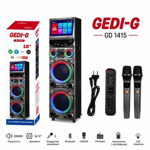 Акустическая система GEDI-G GD 1415 12| с экраном, LED-подсветкой и 2 беспроводными микрофонами (1) GD 1415 фото