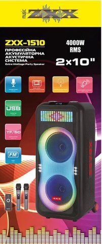 Акустична переносна колонка ZXX-1510/6296 100Вт 2x10" TWS/FM/USB/TF/BT/REC/LED/2MIC/ДК (1) 6296 ZXX 1510 фото