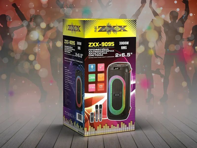 Акустична переносна колонка ZXX-9095 80Вт 2&times;6,5" USB/TWS/TF/REC/LED/EQ/BT/2MIC/ДК / 5962 (1) 5962 ZXX 9095 фото