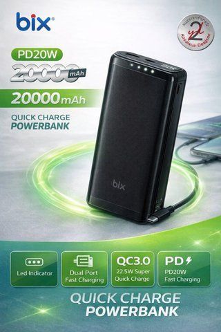 Power Bank BIX BXPB204 PD 20W, USB 22.5W, Fast 3A ,Type-C, 20000Ah (20) BIX PB 204 фото