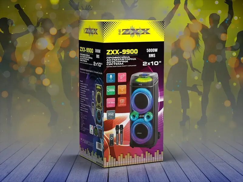 Акустична переносна колонка ZXX-9900/ 6147 80Вт 2x10" TWS/FM/USB/TF/BT/LED/REC/ДК/2MIC/ 6147(1) 6147 ZXX 9900 фото
