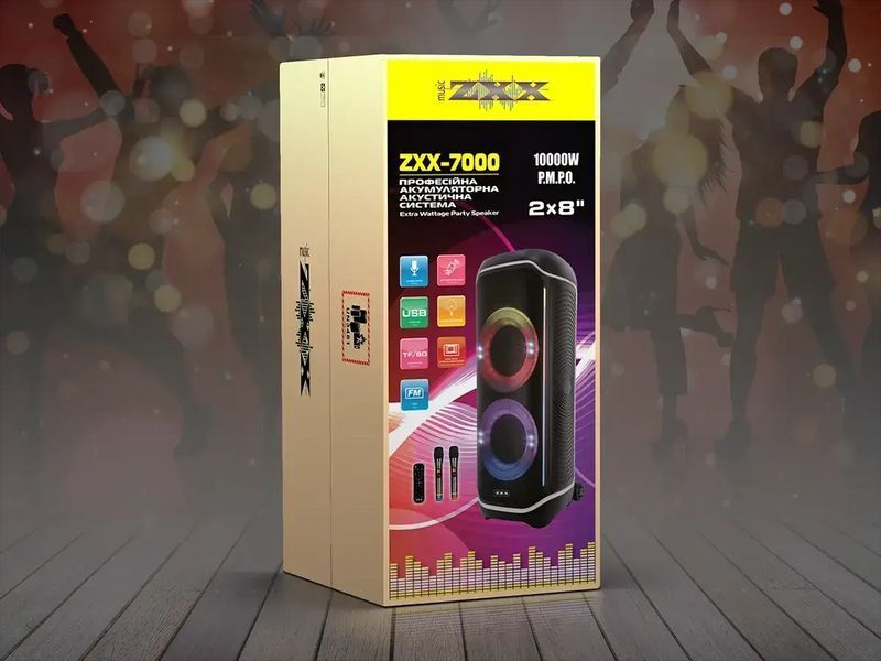 Акустична переносна колонка ZXX-7000/ 6239 120Вт 2x8" TWS/FM/USB/TF/BT/REC/LED/2MIC/ДК(1) 6239 ZXX 7000 фото